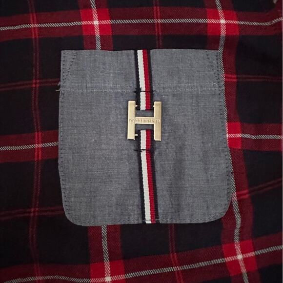 Tommy Hilfiger Women M Plaid Button-Up Shirt Red Navy Check Cotton Logo Pocket - Picture 8 of 10